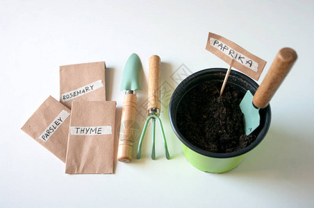 园艺时间纸袋种子和种植工具水壶土图片