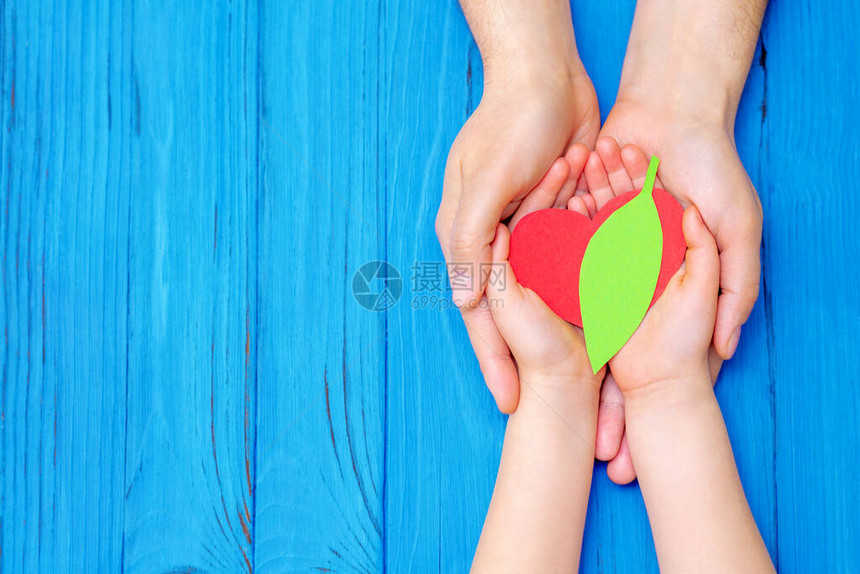 木制蓝色背景上成人和儿童手中红心绿叶的顶部视图世界环境日世界卫生日和地球日的概图片