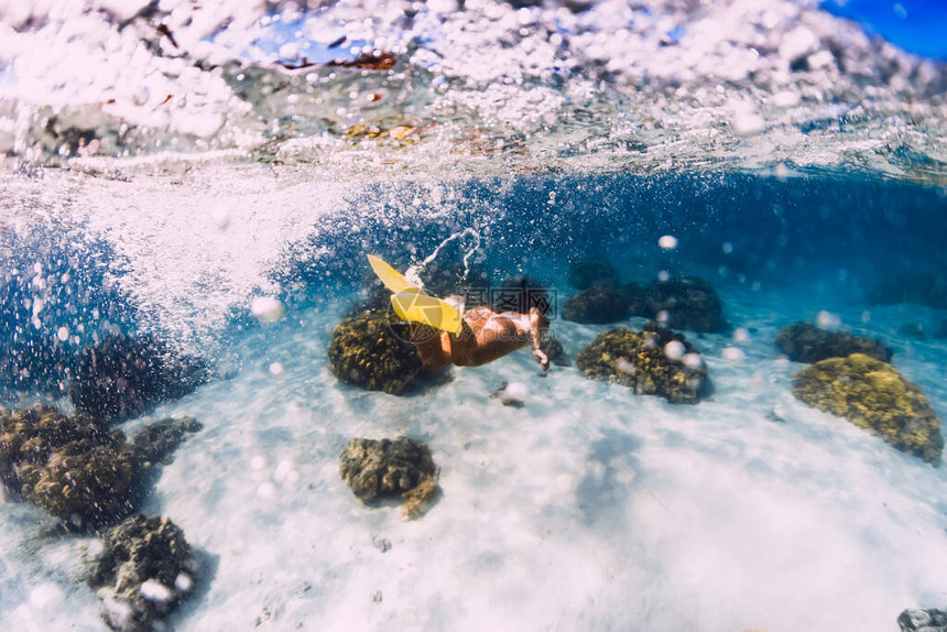 在蓝色海洋中在水下游泳有黄鳍的女图片