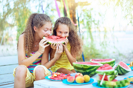 快乐的朋友在野餐时吃西瓜图片