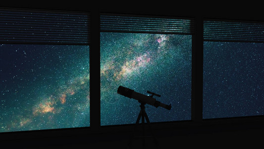 望远镜反对夜满天星斗的天空图片