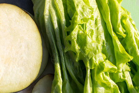 绿色沙拉和茄子片放在盘子上健康饮食的概图片