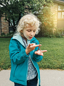 可爱的白种人学龄前女孩手里拿着雨虫儿童孩子学习周围的自然自然生物学科好奇的孩子在户外玩耍观看图片