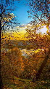 河边森林里的秋日夕阳图片