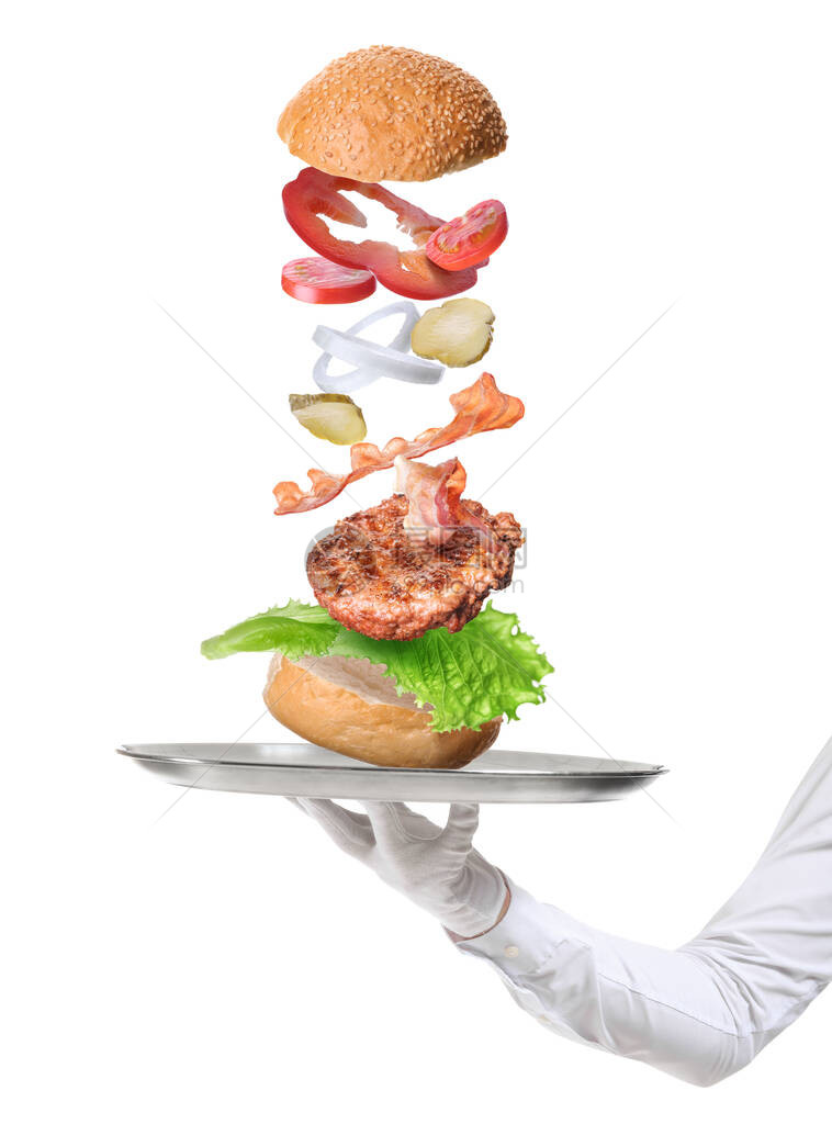 端着白色背景的汉堡包和飞食成份图片