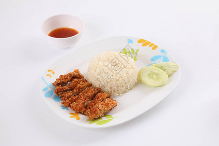 泰国食品美食炸鸡和大米图片