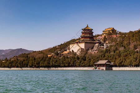 乾隆皇帝首府北京夏季宫昆明湖和大佛月花天塔的景象背景