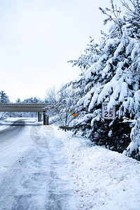 12月在威斯康星州中部的公路和森林覆盖着滑雪图片