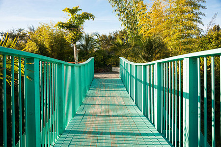 蓝脚桥护栏和穿越山谷通往景观花园的通道的主要线条图片