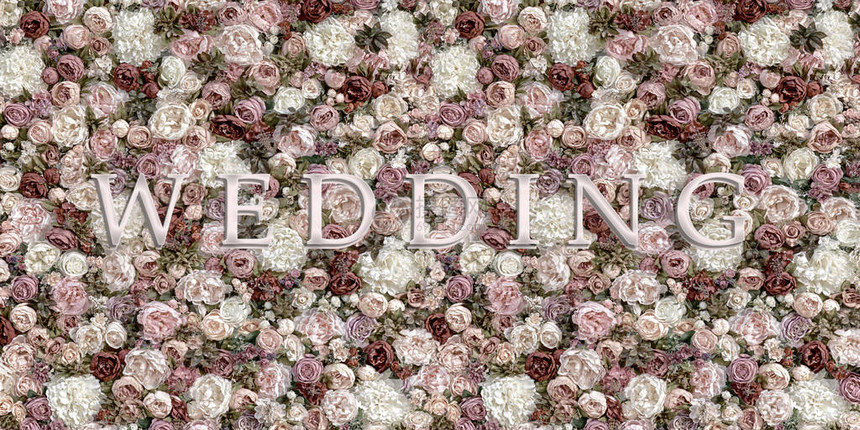 在柔和的粉红色和白色牡丹花卉背景上刻字婚礼图片