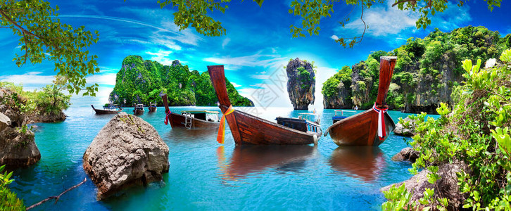 风景泰国海和岛与典型的小船冒险和旅游目的地风景名胜图片
