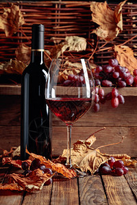 葡萄酒葡萄和干枯的藤叶图片