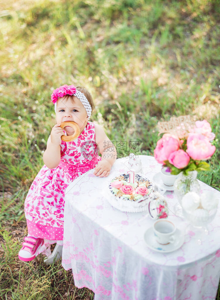婴儿女孩用大自然的蛋糕和气球庆祝她图片