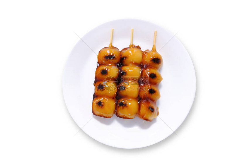 日式甜食Mitarashidango饺子的顶部视图图片