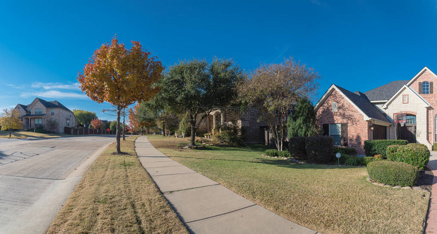 全景视图在美国德克萨斯州达拉斯郊区的住宅区典型的人行道在秋天与五颜六色的秋叶新开发图片