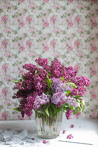 玻璃花瓶里的紫丁香花束静物与花瓶中盛开的丁香图片