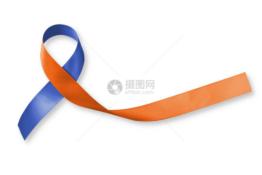 家庭护理人员的人权意识在白色背景上隔离的橙色海军蓝色织物丝带图片