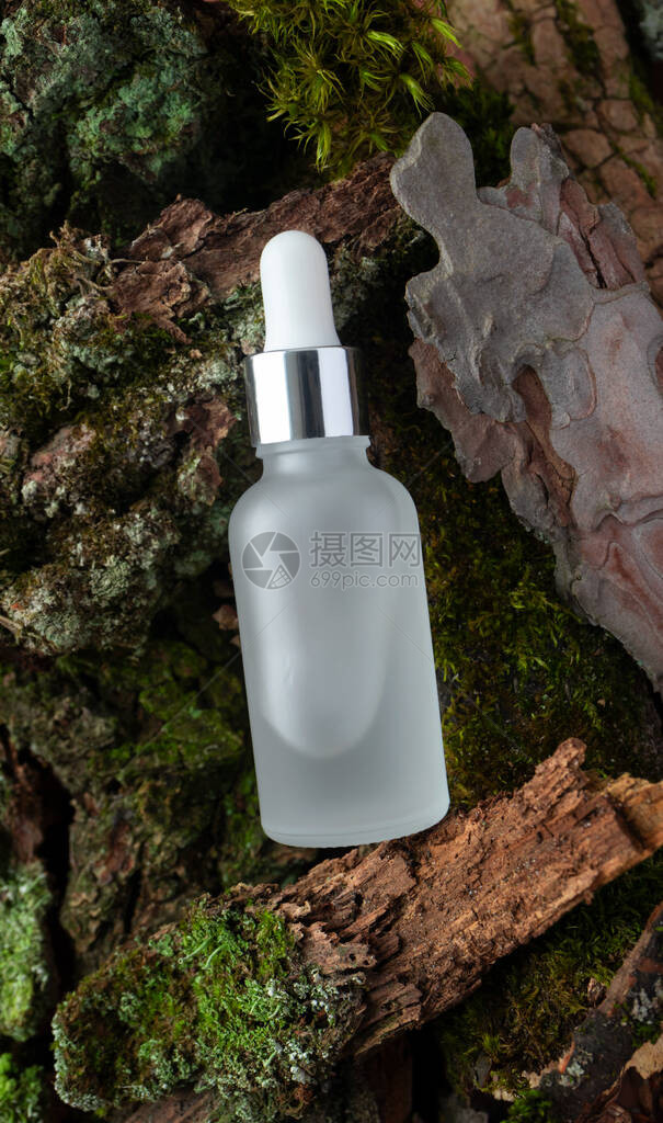 森林背景上的天然化妆品透明护肤血清精华空白瓶图片