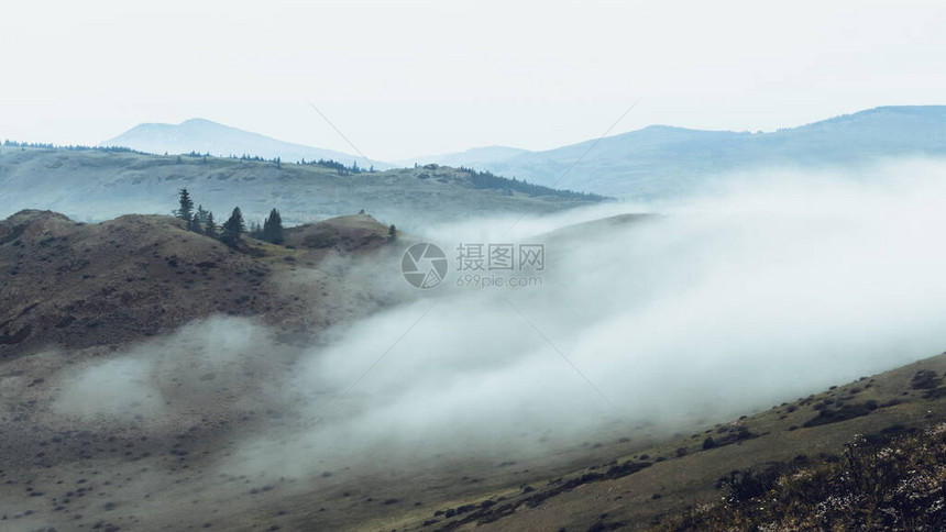 山谷有雾的早晨云雾缭绕的地平线上的岩脊图片