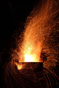 夜间在壁炉外用金属燃起的火焰和木柴燃烧的火花图片