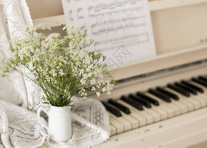 白钢琴上带笔记的花朵红花Retro图片