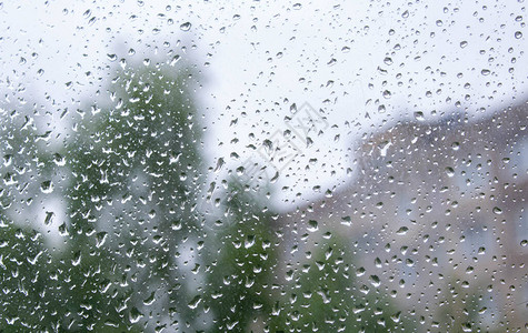 雨落在窗户上背景是绿树图片