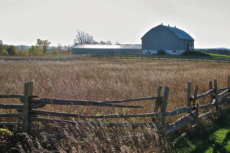 带栅栏的农田中的谷仓图片