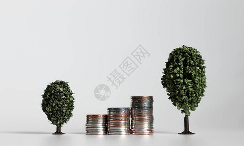 收入水平三堆硬币在两棵微型树之间背景
