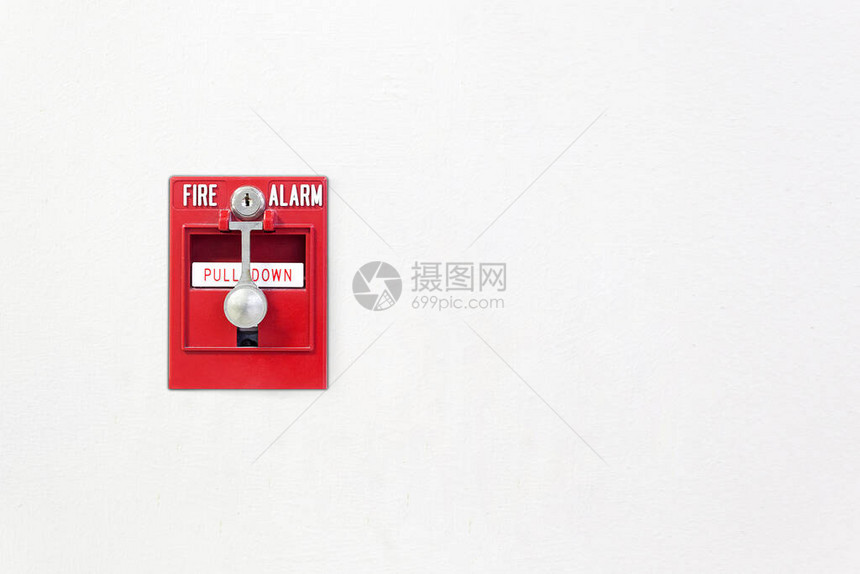 白墙上的防火玻璃警报开关安全系统红火警报箱图片