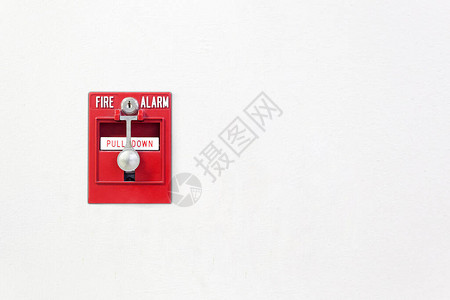 白墙上的防火玻璃警报开关安全系统红火警报箱图片