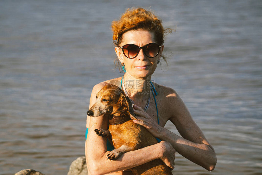 坐在池塘里一个成熟女人的手上夏天和宠物一起在河里游泳的主题与腊肠图片
