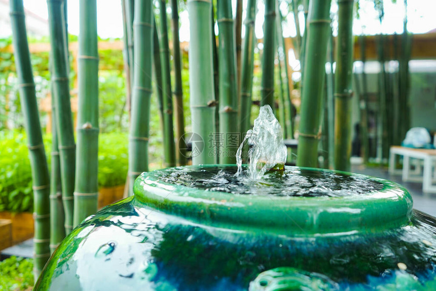 靠近小喷泉从竹棒里面的绿树枝在花园装饰着阳光效应的绿图片