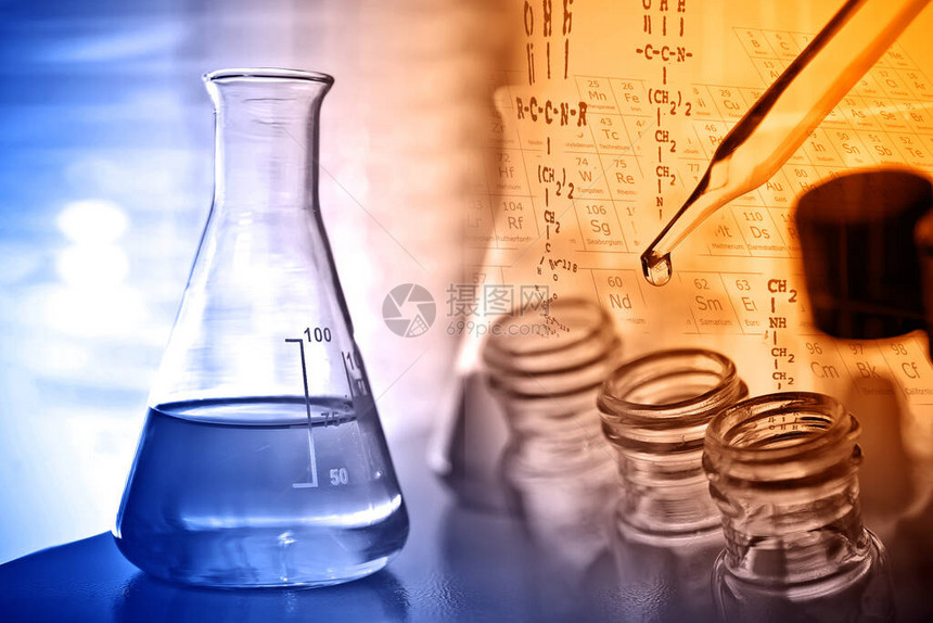 具有实验室背景科学研究和开发理念的含有化学液体的实图片