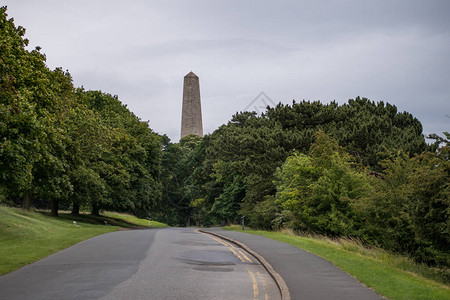 爱尔兰都柏林的凤凰公园路由树木和惠灵顿纪念碑环绕图片