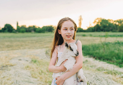 小山羊在户外农场的小女孩爱与关怀乡村动物快乐的孩子拥抱山羊图片