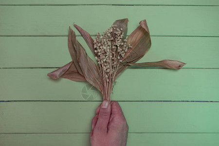 手握淡化的花束在木质桌上献出花朵设图片