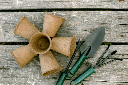 园艺工具和泥炭杯用于木制背景上的幼苗高清图片