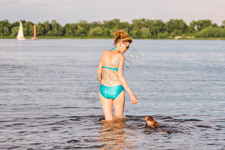 成熟的白种女人和腊肠犬在水中打球夏季主题与宠物在河中游泳夏季天气炎热冷静下来主人和狗在海背景图片