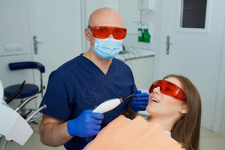 一位戴着医用面罩和紫外线防护眼镜的牙医图片