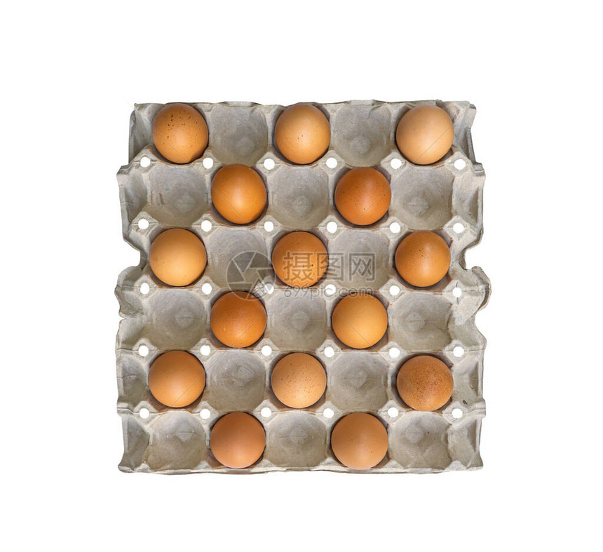 灰色纸箱包装盒中的棕鸡蛋带有复制空间的顶端视图像白背景和剪切路径图片