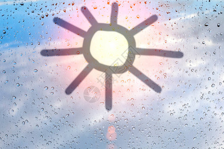 太阳涂在有雨滴的错误玻璃上把儿童绘图片