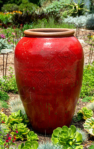 明亮的红色大装饰陶瓷罐是花园棚中的焦点园艺装图片