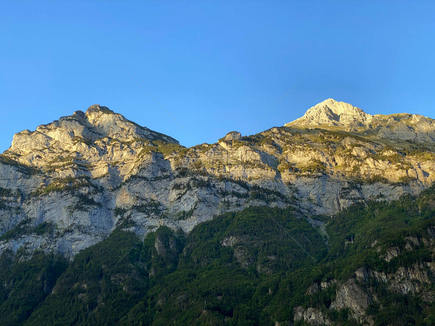高山峰Griggeler和BlmetenBaelmeten或Balmeten在罗伊斯河谷和乌里阿尔卑斯山地块上图片