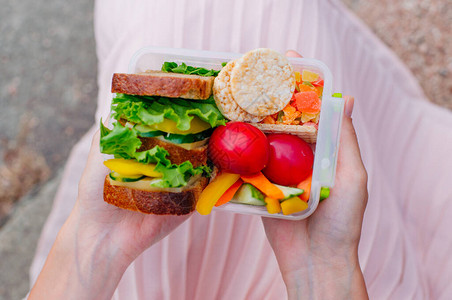 拿着装满三明治面包水果和蔬菜的午餐盒图片