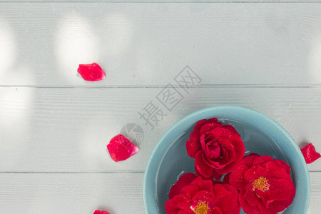 浅蓝色碗中漂浮着明亮的红玫瑰和浅蓝色木质背景上的花瓣图片