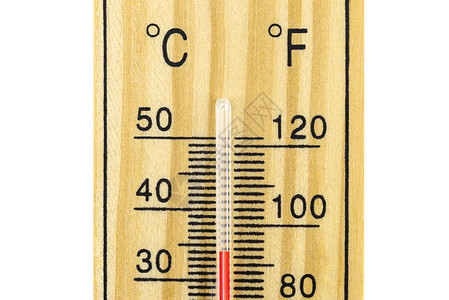 一个经典木制温度计的宏观镜头显示温度为34摄氏度图片