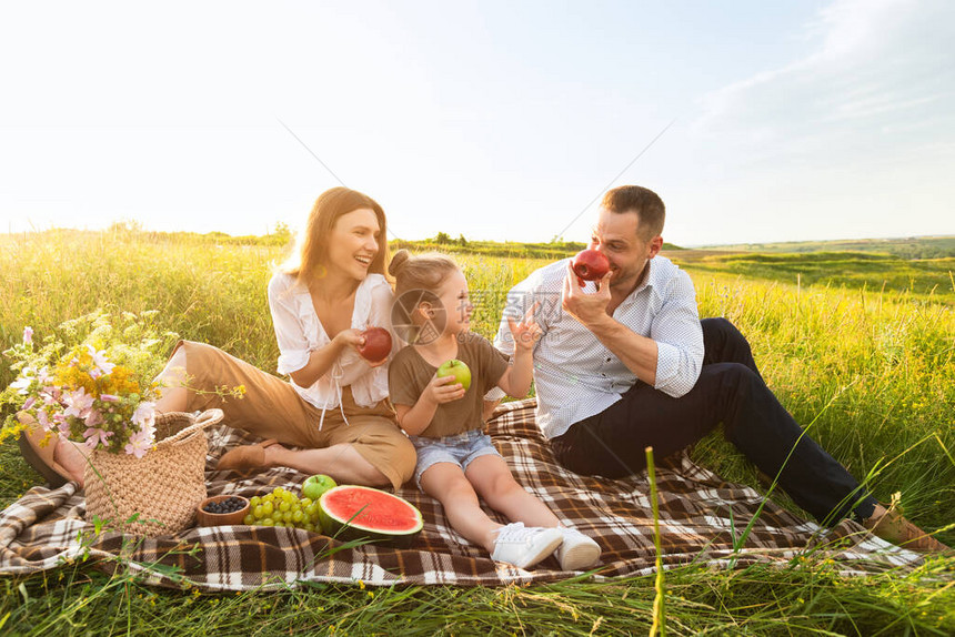 在田野餐吃苹果互相看对方复制空间的兴奋家庭感图片