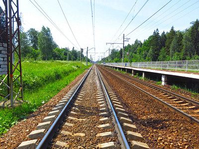 阳光天气中夏季铁路轨的铁路轨道图片