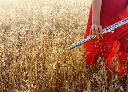 穿红裙子在小麦田上图片