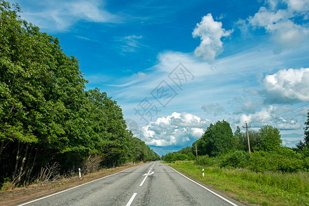 道路沥青灰色位于树木和蓝天白云之间图片